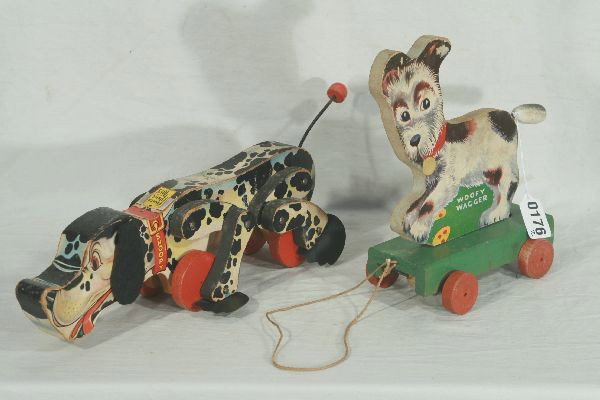 NETTE - 2 Early FISHER Dog Toys:: 447 Woofy Wagger clean w/string, C6-7; 780 Snoopy, original felt ears, sound working, C7