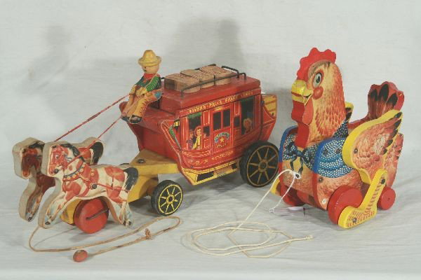 NETTE - 2 Nice FISHER PRCE Toys:: 140 Katy Kackler The Red Hen, clean, but some tough-up on front edge near face, sound works; 175 Black Label Gold Star Stage Coach, tough piece, has three mail bags, that are often missing, original r