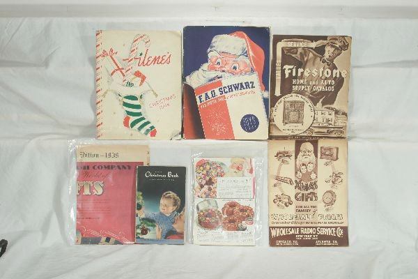 NETTE - 7 -1930s & 1940s Christmas Catalogs:: 1939 Sears; 1939 Jordon Marsh ad cutout; 1935 Wholesale Radio Service Co; 1940-41 Firestone Home & Auto supply; 1941 FAOS; 1943 Sears; 1944 Filene's, all appear complete, but used, Great info!!