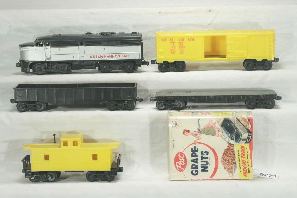 NETTE - Scarce POST Cereal Kusan Premium:: 1957 Kannon Ball Premium from Post Grape-Nuts, includes complete train set w/all original mailer boxes and an original cereal box wrapper, Super Clean, WOW!
