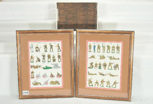 NETTE - MANOIL Catalogs & Printing Block:: 2 Framed Manoil catalog sheets, 14 X 18(glass not guaranteed to survive shipping); Unusual 8 X 11 Printing block, used to print Dimestore catalogs, cannot discern which manufacturer, copper on wood. U