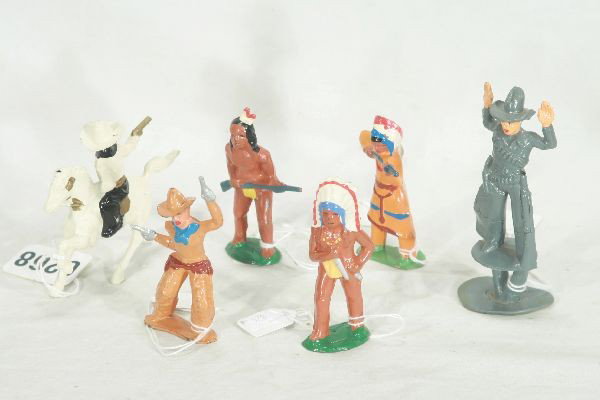 NETTE - 6 Super BARCLAY Cowboy & Indian Dimestore: B99; B2aa; B47; Double shooting figure, C7+; Cowboy w/raided hands, still on painting spru, o/w C9