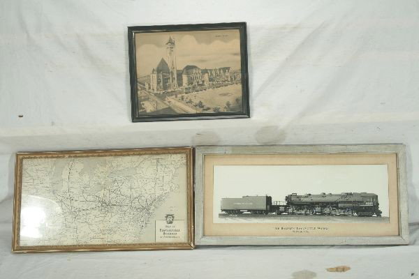 NETTE - 3 Framed RR Pieces:: Baldwin Builders Photo, SP 2-8-8-4, 9X18"; PRR RR Map, 16 X 9"; Print of Union Station, 8X10".