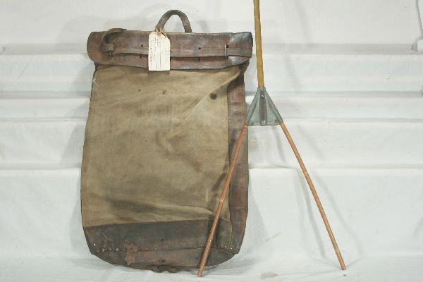 NETTE - MP RR Handler & Mailbag:: 64" Wooden passer, for handing items between cars; MOPAC Mail Pouch, leather & Canvas, dirty w/original tag.