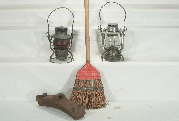 NETTE - 7 Pc. RR Group: 36" RR Crossing Sign, straw broom w/pick on other side, unmarked; Brakeshoe; Dietz Lantern embossed NYNH&H, clean embossed NYNH&H globe; Dietz NYCS w/ruby unmarked globe; UP Freight Train Framed Print