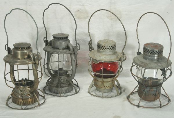 NETTE - 4 RR Lanterns:: Handlan PRR(keystone) w/unmarked clear globe; Dressel PRR(keystone) w/etched keystone ruby globe; 2 Dietz B&Ms, 1 has w/unmarked clear globe, other missing globe, all have flounts.;