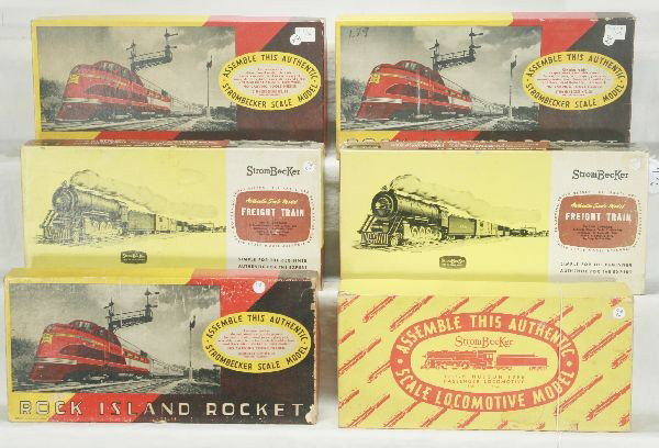NETTE - 6 Tougher STROMBEKER Kit Sets:: HO Size. Rare 1931K Hudson Kit(1 year production); 3 #1937 Rock Island Rocket passenger sets, 2 missing minor pieces; 2 R100 Steam Freight Sets, all obs C7-8
