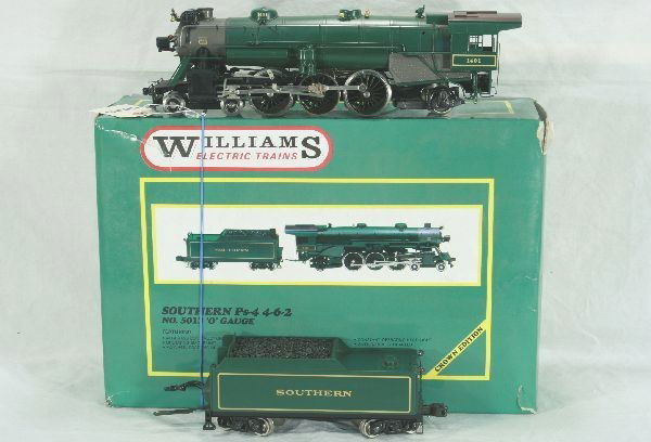 Williams Southern Ps-4 4-6-2 Loco and Tender,: all brass construction, Oper. Smoke unit, Oper. k/c, Oper. Headlight, real coal load, ob, Is like new.