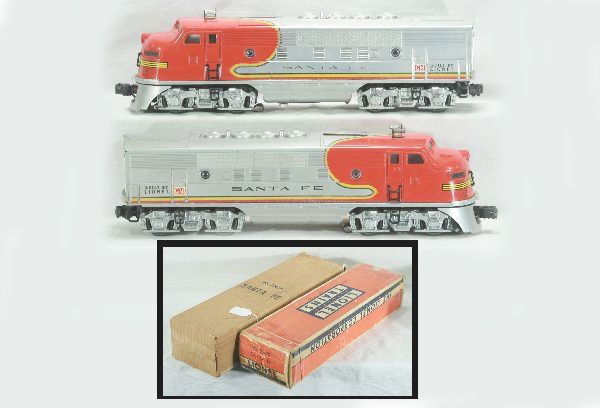 Lionel 2343 SF AA Diesels: Santa Fe's have strong lettering, some decal wear, worn ob, Has moderate play wear.