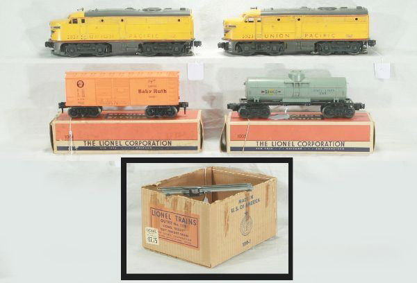 4 pc 1950 Lionel Lot: Partial Set 1119 includes 1004 Boxcar; 1005 Sunoco Tank Car, Tank has conversion coupler, Has light to moderate play wear. Includes incomplete set box #1119. 2023 UP Alco AA Diesels, Anniv. Colors, st