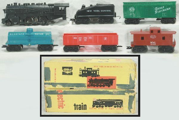Boxed Marx Allstate set 9822: Includes 1666 steam loco w/ smoking cylinders, NYC tender, Great Northern box car, PRR gondola, Allstate tank car, NYC caboose w/ broken stack, set includes trestles and plastic bridge parts, 1 has ch