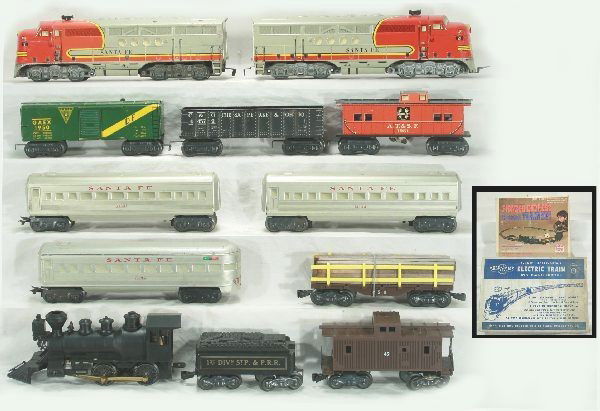 2 Boxed Marx train sets: #15630 Pioneer Express, general style 040 loco, 1st Division tender, strong lettering, 56 railed flat w/ lumber, 45 caboose, track and transformer w/ 1 switch and bumper, osb w/ inserts clean, Has lig