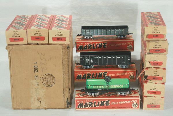 Scarce Marx 3/16 Freight Cars: All cars in orig. boxes, several boxes show some wear, cars have inserts and are unrun, cars Is like new., ob's and orig. packing case shows wear.
