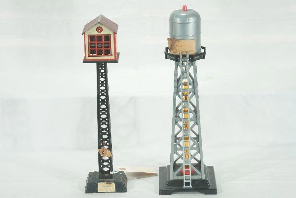 2 Marx Prototype production samples: Bubbling water tank w/ partial factory tag, in gray plastic pre production colors, tag reads, "RA 5190, was 424, C new tower, PA 5247 CN", looks like regular production tower though marked X3 on botto