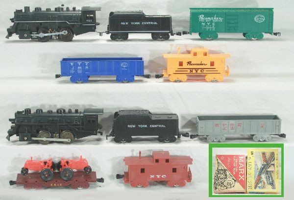 2 Boxed Marx steam freight sets: Set 14350, 400 loco, NYC tender, gondola, flat w/ tractors, NYC caboose, some accessories, track and transformer, osb w/ inserts; set 4310, incl. 490 loco w/ chug chug sound, NYC tender, box car, gond