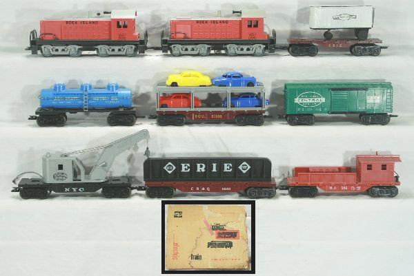 Scarce Boxed Marx Allstate Double-Diesel set 9622: 1998 RI diesel switcher and dummy, Allstate tank car, Erie flat w/ NYC trailer, NYC crane, CB&Q flat w/ girder, orig. hold downs, SOU auto-loader, minor oxidation on bracket, NYC box car, RI work cabo