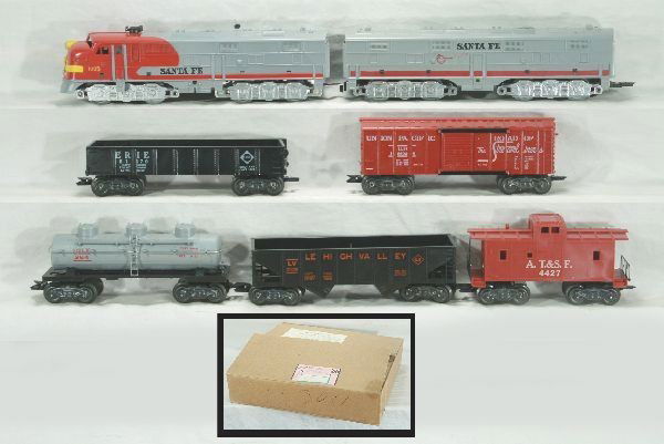 Mint boxed Marx Montgomery Ward set 44814: About as good as it gets, 1095 Santa Fe E7 AB diesels, LV hopper, Erie gondola, UP box car, UTLX tank car in gray, 4427 Santa Fe caboose, track and transformer, all unrun, crisp osb w/ inserts and ins