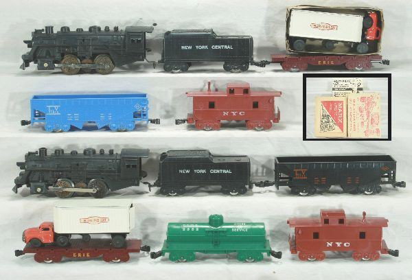 2 Nice boxed Marx 4 wheel sets: 4342: #400 loco, tender, flat w/ Burlington truck and trailer in orig. box, hopper, caboose, track and transformer, very light run time, orig. set box w/ inserts, Has light play wear; Set 4355: 69pc e