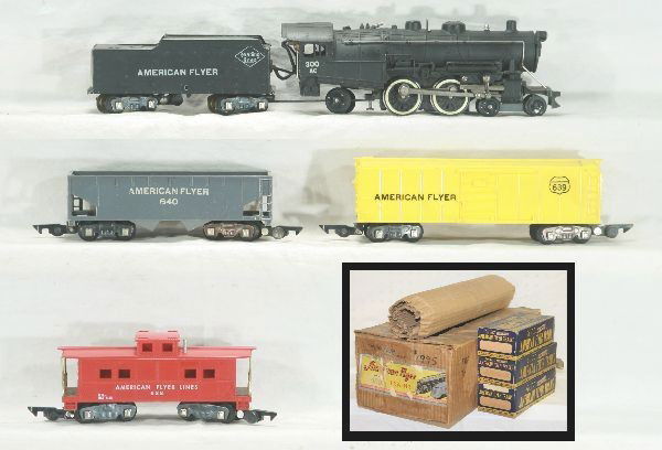 Boxed American Flyer S-gauge train set 490-T: 300 AC Redding steam loco and tender, 640 hopper white letters, 639 box car, 638 caboose, ob's and wrap, track and transformer, peripherals, osb some wear, Has light play wear.