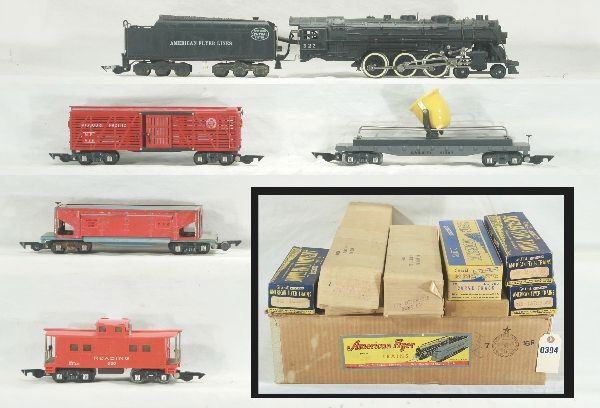 Boxed American Flyer S-gauge train set 4611: 322 NYC Hudson Loco and tender, smoke in tender version, nice lettering, missing trailing truck, 634 searchlight car, 629 Missouri Pacific stock car, 716 coal dump car-tougher gray version but car sho