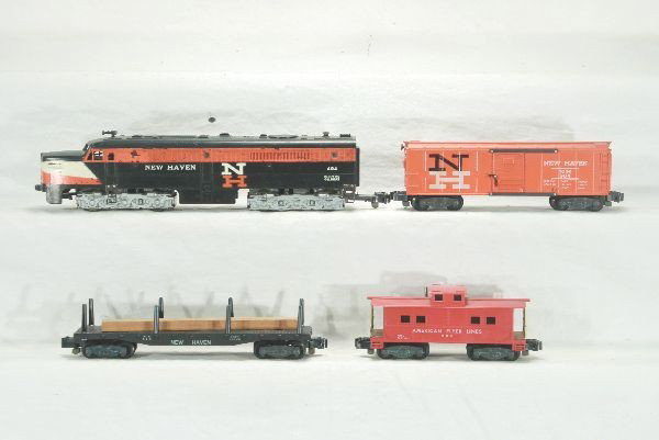 4pc American Flyer S-gauge diesel freight set: 494 NH PA Alco A diesel, bright graphics, scratches heavier on 1 side than other, nose sticker 90%, rough ob; 928 NH flat w/ 1 lumber board, ob; 984 NH box car; 904 caboose, ob, Has moderate play wear