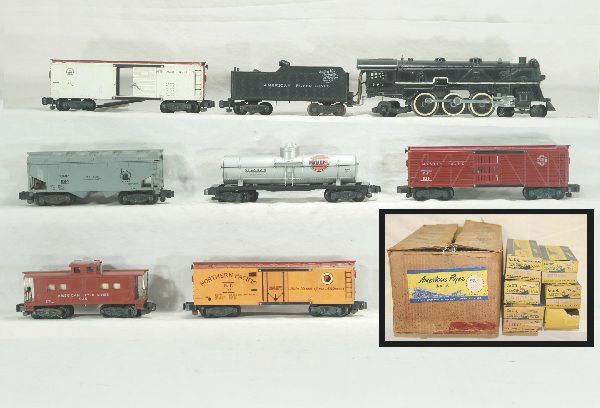 Boxed American Flyer S Gauge Train set 5237T: 293 NY NH and Hartford Pacific Loco and Tender, with coal pusher on Tender; 929 Missouri Pacific Stock Car; 933 B&O boxcar; 925 Golf Tank Car; 947 NP Reefer, ob on that piece has mouse hole; 924 CRP C