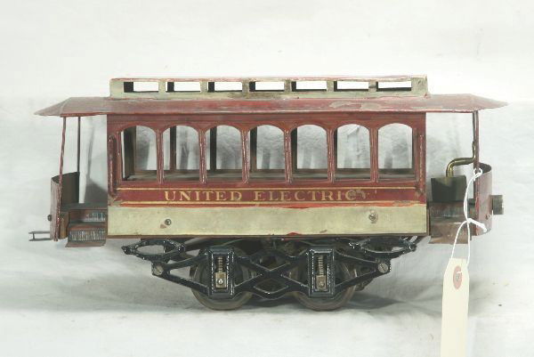 Scarce Voltamp 2120 Trolley: 2 Gauge, has strong letting with original white stripe, rear decal in tact, roof and decal end have been over painted years ago, original motor has been rewired, appears to have original reverse switc