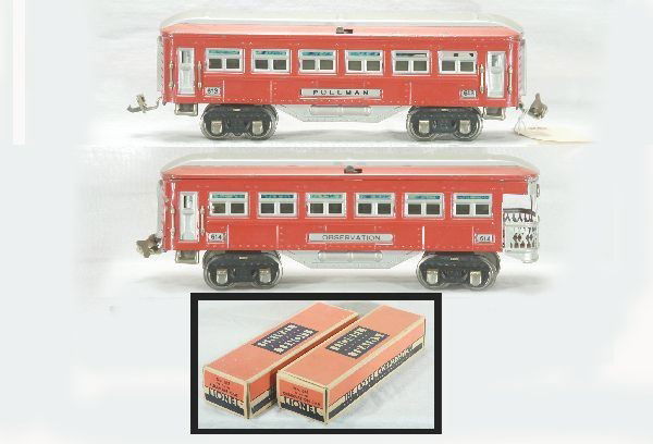 Scarce Boxed Lionel 613 & 614 Passenger Cars: 613 Pullman; 614 Obsv, in rare red with silver, block lettering is strong on both, shows minor wear, roofs slightly sunfaded, may compound out, obs fairly clean and square with correct rubberstamped R