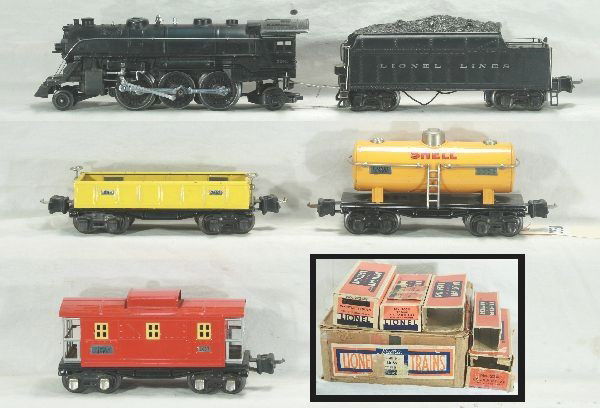 Boxed Lionel Set 141W: Circa 1939: 224E loco, 2224W die cast tender, silver lettering strong both sides, 2652 gondola, 2654 Shell tank car, 2657 caboose, mixed journals, 38 and 39 couplers, ob's missing some flaps, osb some