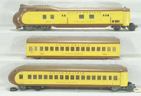3pc Lionel City of Portland Train Set: 752E diesel-restored, 753 Pullman, 754 observation, vestibules restored-missing pickups, observation wheels fatiguing-missing pickup, Has moderate play wear.