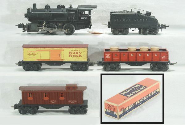 5pc Lionel 1662 Switcher Set, O-gauge: 1662 steam switcher; 2201T wedge tender w/ light; 2677 gondola-broken coupler box, ob; 1679 box car; 1682 caboose.