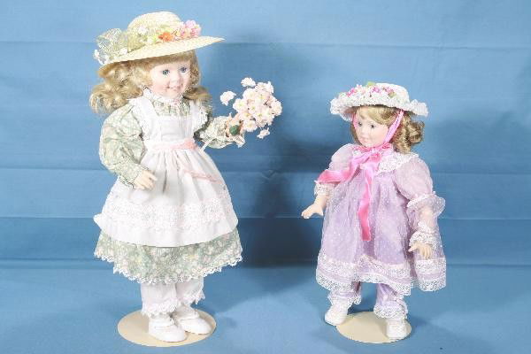 2 Boxed DANBURY MINT Porcelain Dolls: First Steps, mother & daughter dolls, ob with some inserts; 22" Heather; 14" Nicole, all obs with paperwork & inserts, Like New condition For Bigger and Better photos or information about consigning i