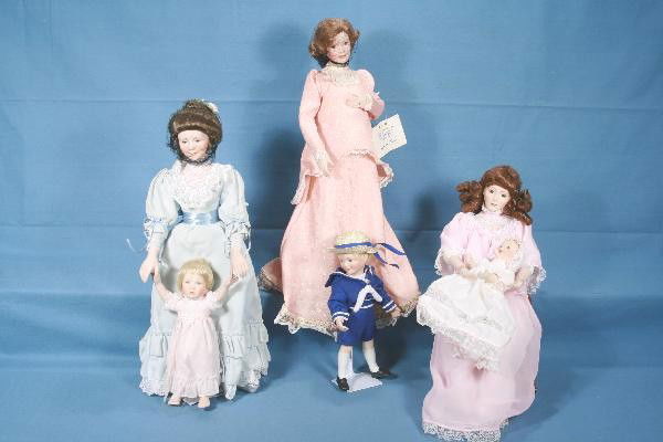 3 Boxed RECO Porcelain Doll Sets: These are 16" Two pc sets: Ashton Drake, Expectant Moments, Mother & Son Dolls; Sandra Cook 5931C Loving Steps, mother & daughter dolls; Ashton-Drake Lullaby mother & baby on rocking chair set, all ob
