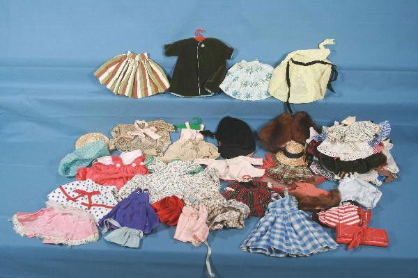 VOGUE Dolls Ginny, Jill & Ginnette: Pre Barbie 1950s fashion dolls, Ginny in green out fit has loose head, but comes with her own monogrammed bed with linens, suitcase & shoes; Baby Ginnette includes a few accessories & clothes; Little