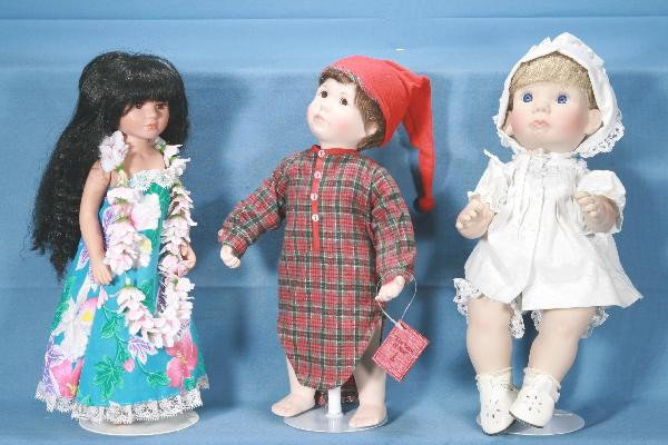 3 Boxed Modern Dolls: Ashton Drake "Land of Nod" porcelain Ashton Baby Boy Doll, ob with inserts & paper work, Like New Condition; Middle Town Doll Co 14" Vinyl 13385 Little Angel Face Doll with bible, ob, Like New Conditi