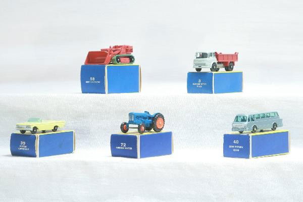 5 Boxed Matchbox Vehicles: Near Mint Condition, vehicles include 58 with dry treads, 40, 72, 39 with purple variation ob, 3 with taped ob, all Black Plastic Wheelss, otherwise obs nice. For Bigger and Better photos or informati