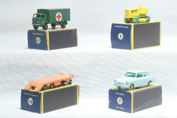 4 Boxed Matchbox Vehicles: Like New Condition models 63 & 16 are Black Plastic Wheelss, 8 is Metal Wheels with supple treads. #7 , SPW, obs show minor wear. For Bigger and Better photos or information about consigning in our fu