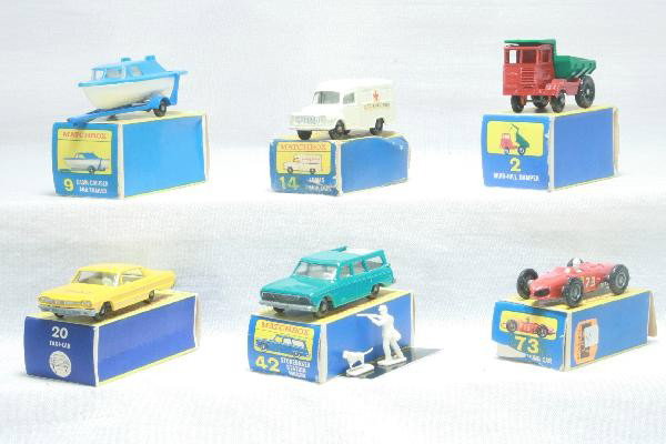 6 Boxed Matchbox Vehicles: Model 42 has both figures and shows light playwear. Models 20, 14, 2, 73 & 9 are Like New, #2 has the scarce Murr Hill Decals, all Black Plastic Wheelss, obs show wear. For Bigger and Better photos or