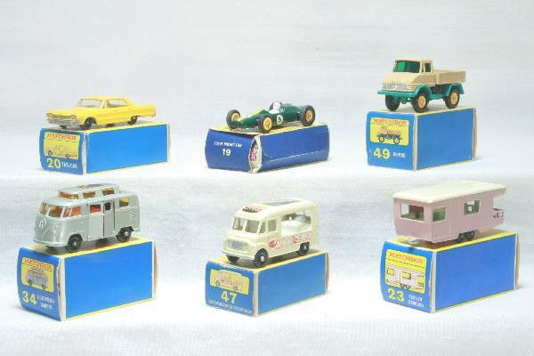 6 Boxed Matchbox Vehicles: These show very light play wear, models 20, 34, 49, 19 with rough ob, 23 & 47, all Black Plastic Wheelss, otherwise obs clean. For Bigger and Better photos or information about consigning in our futur