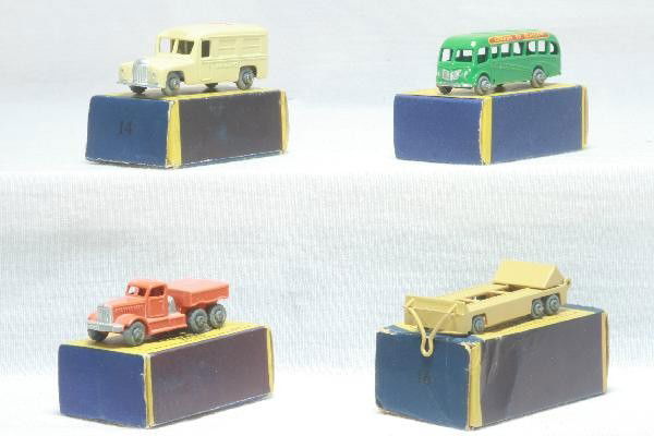 4 Boxed Early Matchbox Vehicles: Like New models 15, 12, 14 red cross 97%, 16 1 decal 97%, all Metal Wheelss, Moko Lesney obs show some wear. For Bigger and Better photos or information about consigning in our future events go to our