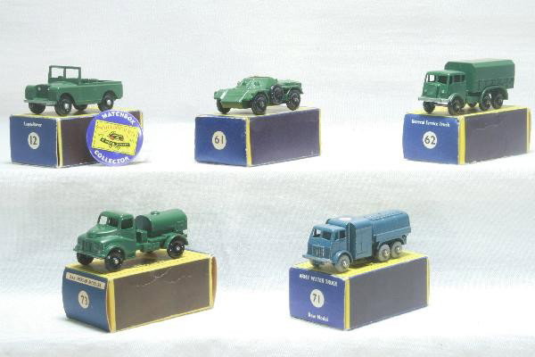 5 Boxed Matchbox Military Vehicles: Near Mint models 61, 12 with collectors pin, 71, 62 & 73, clean Moko Lesney obs. For Bigger and Better photos or information about consigning in our future events go to our website