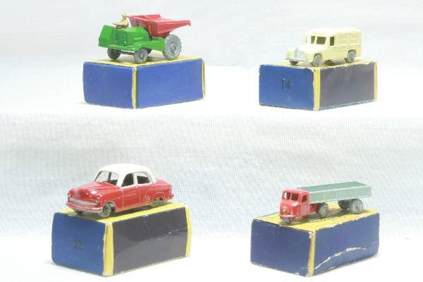 4 Boxed Early Matchbox Vehicles: Like New models 2, 14, 22 & 10, all Metal Wheelss, Moko Lesney obs show wear. For Bigger and Better photos or information about consigning in our future events go to our website