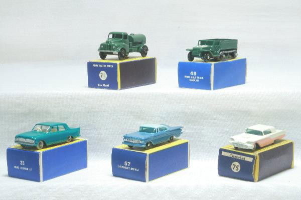5 Boxed Matchbox Vehicles: Model 57 shows light playwear, SPW; 33 SPW, Like New 57, 71 & 75, otherwise Black Plastic Wheelss, obs, 75 is dark. For Bigger and Better photos or information about consigning in our future events go