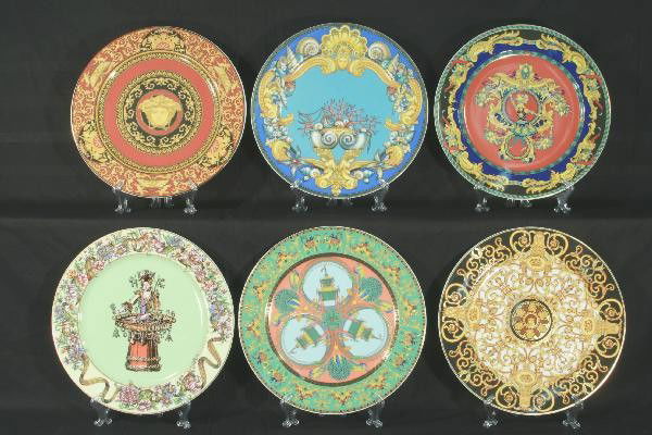 6 Beautiful Rosenthal Chargers: All 12" round, bright, colorful & intact. All have hanger loops molded in. For Bigger and Better photos or information about consigning in our future events go to our website