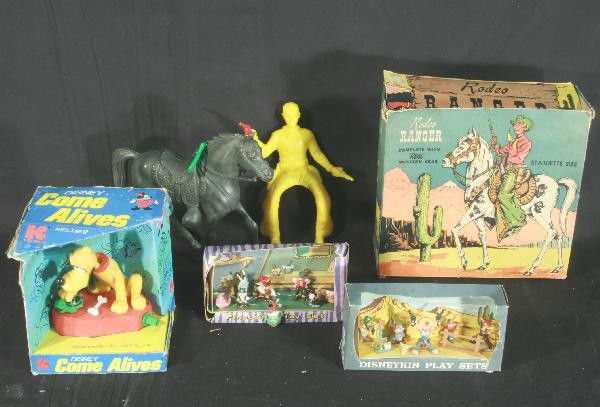 4 Early Boxed Plastic Toys: Marx Disney-Kins Pinocchio & Three Caballeros Playsets, original boxes worn, Lido Rodeo Ranger Set, missing hat, original box has great graphics, but worn, Kohner Disney Comes alive Pluto Set, origina