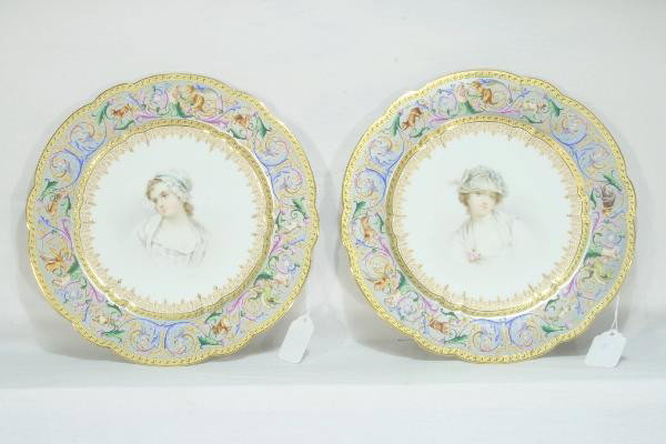2 Beautiful Tivres Plates: 10" Round, transfer portrait with stenciled and hand painted vignette, shows very minor wear. For Bigger and Better photos or information about consigning in our future events go to our website