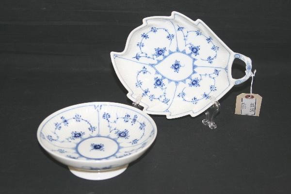 2 Royal Copenhagen Serving Dishes: 7" Pedestal Bowl & 9" Leaf shape handled dish. For Bigger and Better photos or information about consigning in our future events go to our website