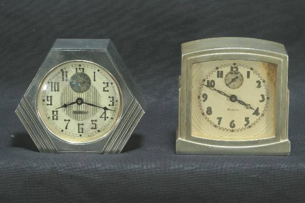2 Westclock Metal Art Deco Clocks: Both 1931 " la Salle" Models 403 & 404, Dura-alloy cases, 3 1/4" tall, fancy faces with separate second hand movements, shows toning from age. Clocks, Radios and other electrical devices are being sol