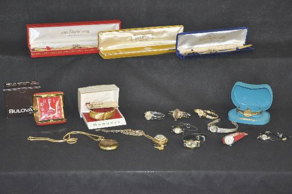 16 Pc. Woman's Watch Lot: Assorted styles include Boulova, Timex, Hanover, Craford, Caravelle and others, pocket watch is case only, some have original boxes. Most show some wear. Clocks, Radios and other electrical devices ar