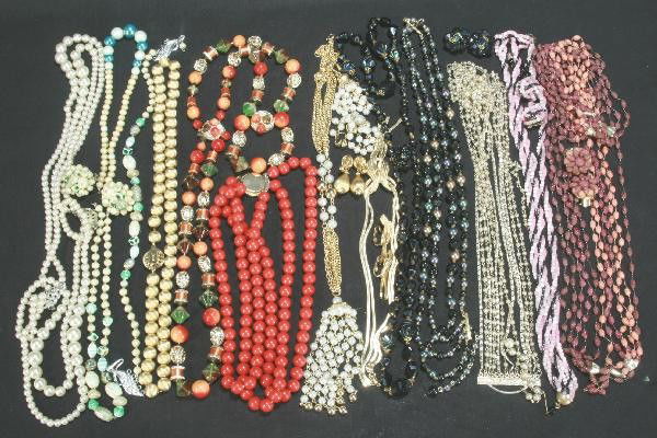 21 Pc. Costume Jewelry Lot: Mostly Necklace and earring sets, clean, several have glass beads, 1 set incomplete. For Bigger and Better photos or information about consigning in our future events go to our website